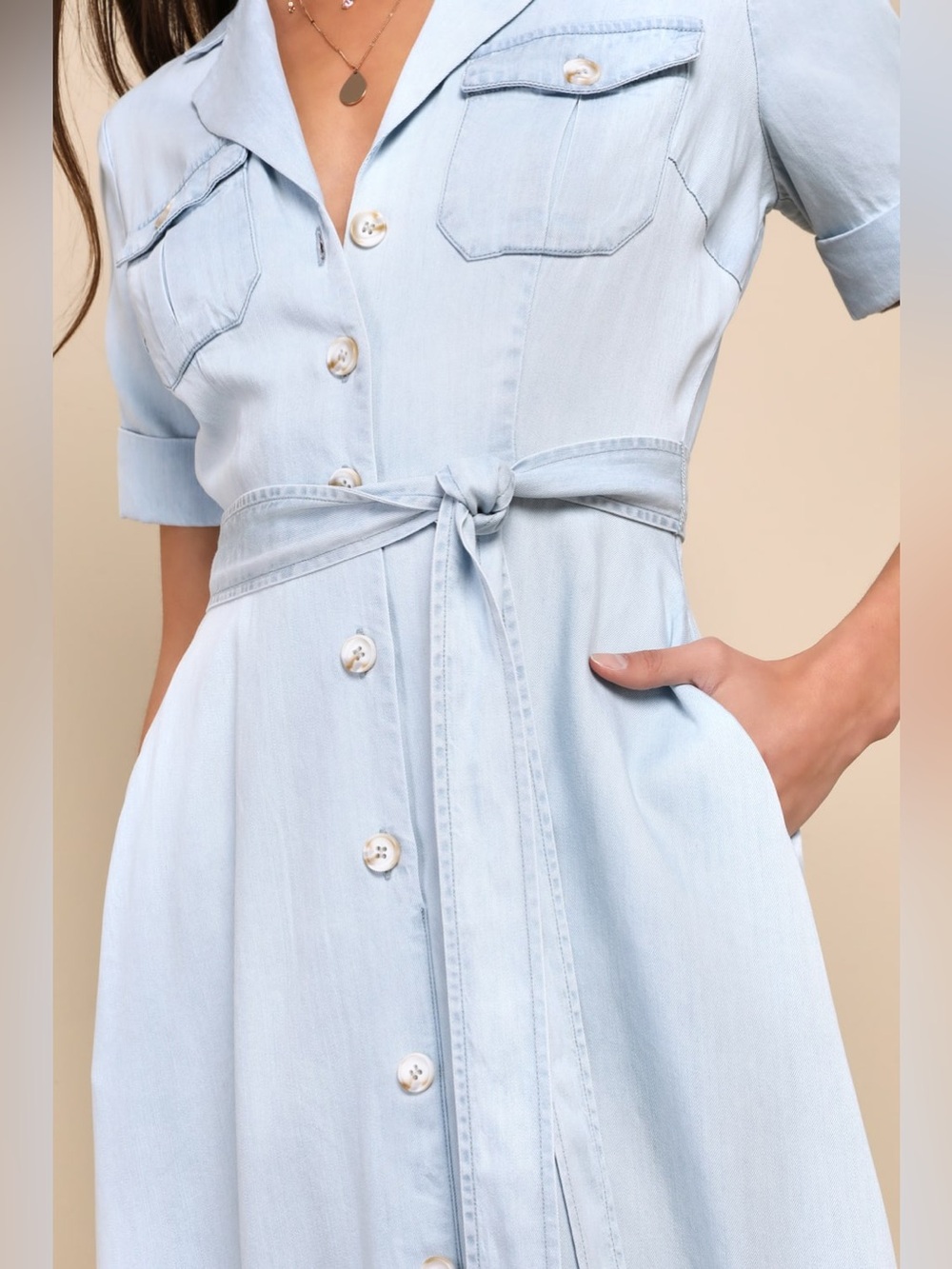 Lulus Pleasant Cutie Blue Chambray Collared Midi Dress With Pockets Size Medium - Picture 2 of 9